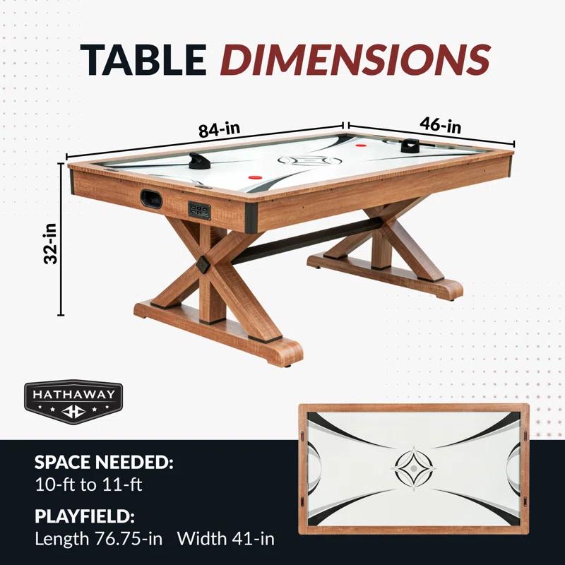 Hathaway Daulton 7 Ft Air Hockey Table for Family Game Room - With LED Scoring, Commercial-Grade Blower, X-Pattern Support Base, Ergonomic Strikers & Pucks - White Oak Finish