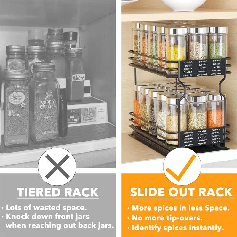 SpaceAid Heavy Duty Pull-Out Spice Rack Organizer for Cabinets – Slide-Out Seasoning Holder with Labels, 1 Drawer, 2-Tier