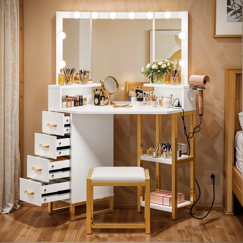 Mercer41 Halide Vanity Desk Makeup Table set Stool with Tri-Fold Mirror, Storage Drawer, and Shelves
