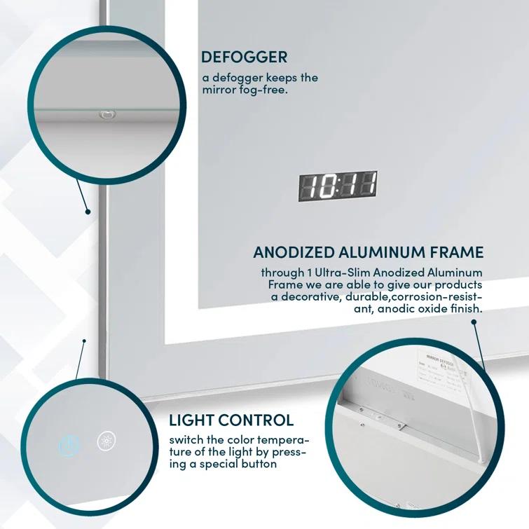 AQUADOM AQUADOM Daytona 40" W x 36" H x 1" D, LED Wall-Mount Mirror for Bathroom with 3 Color Temperature Light, Touch Control, Dimmer and Defogger, Digital Clock