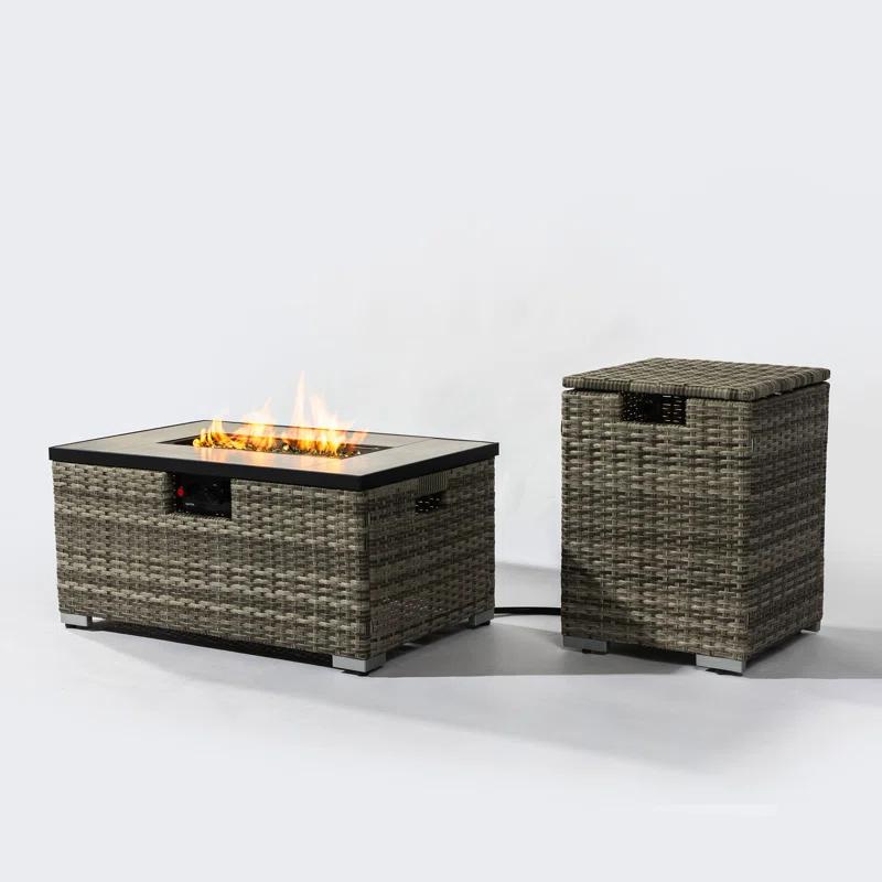 Rattan Fire Pit Table with Tank Holder and Ceramic Tile Tabletop