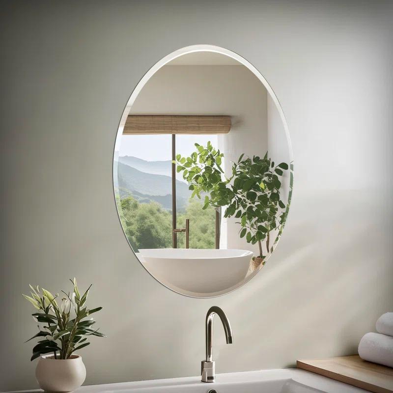 Gatco Modern Frameless Beveled Oval Wall Bathroom / Vanity Mirror