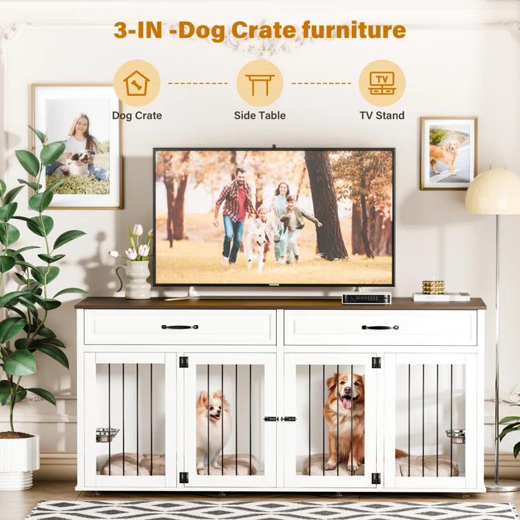 Tucker Murphy Pet™ 71" Large Dog Crate Furniture Style W/2 Drawers  & Reversible Food Bowls, 8 360° Lockable Wheels