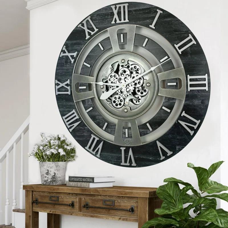 THE GEARS CLOCK Wall Clock with Real Moving Gears EN-LI_ 36 in Round Vintage-Black