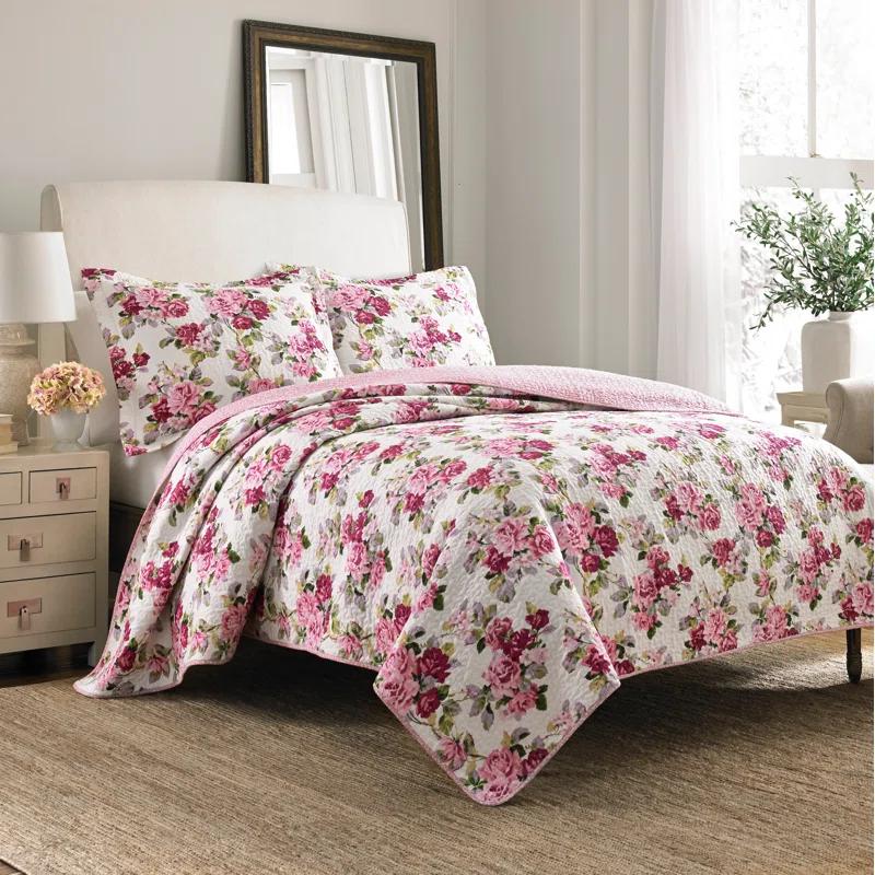 Laura Ashley Laura Ashley Lidia Cotton Reversible Pink Quilt Set