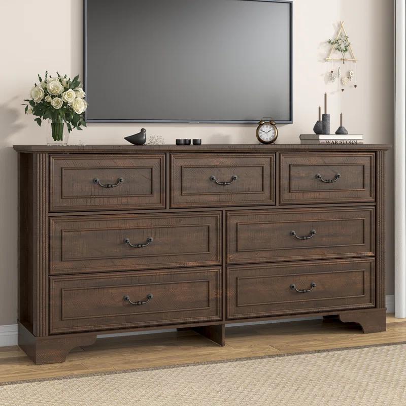 Charlton Home® 59" Farmhouse Dresser With 7 Spacious Drawers – Rustic Wooden Storage Cabinet For Bedroom, Living Room, Or Entryway