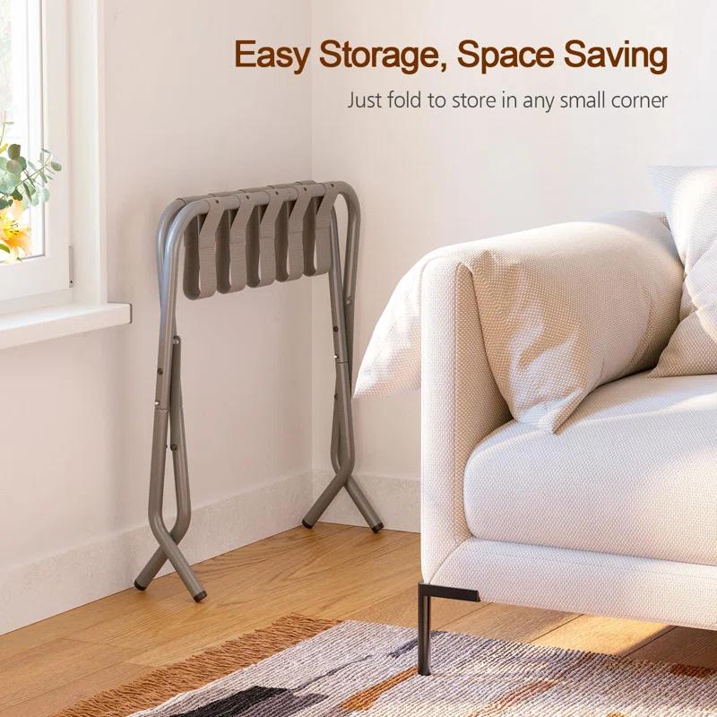 BINO 2-Pack Folding Luggage Rack Collapsible Metal Suitcase Stand With Durable Black Nylon Straps- For Bedroom, Guest Room, Or Hotel (Gray Steel)