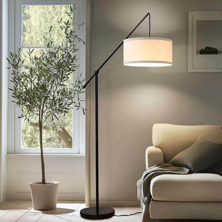 Brightech Hudson 70 in. Modern Height Adjustable LED Floor Lamp with Beige Fabric Drum Shade