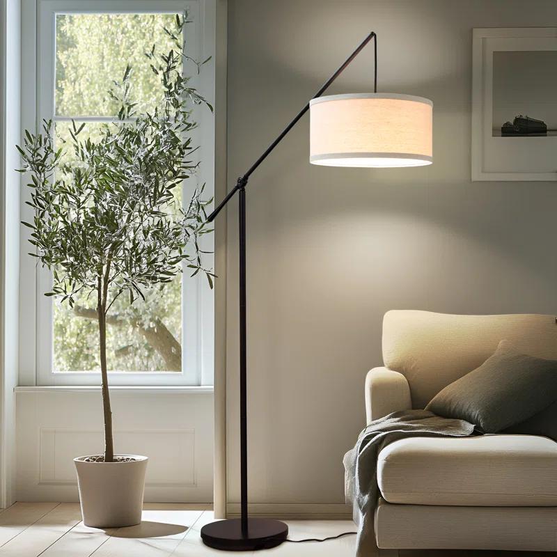 Brightech Hudson 70 in. Modern Height Adjustable LED Floor Lamp with Beige Fabric Drum Shade