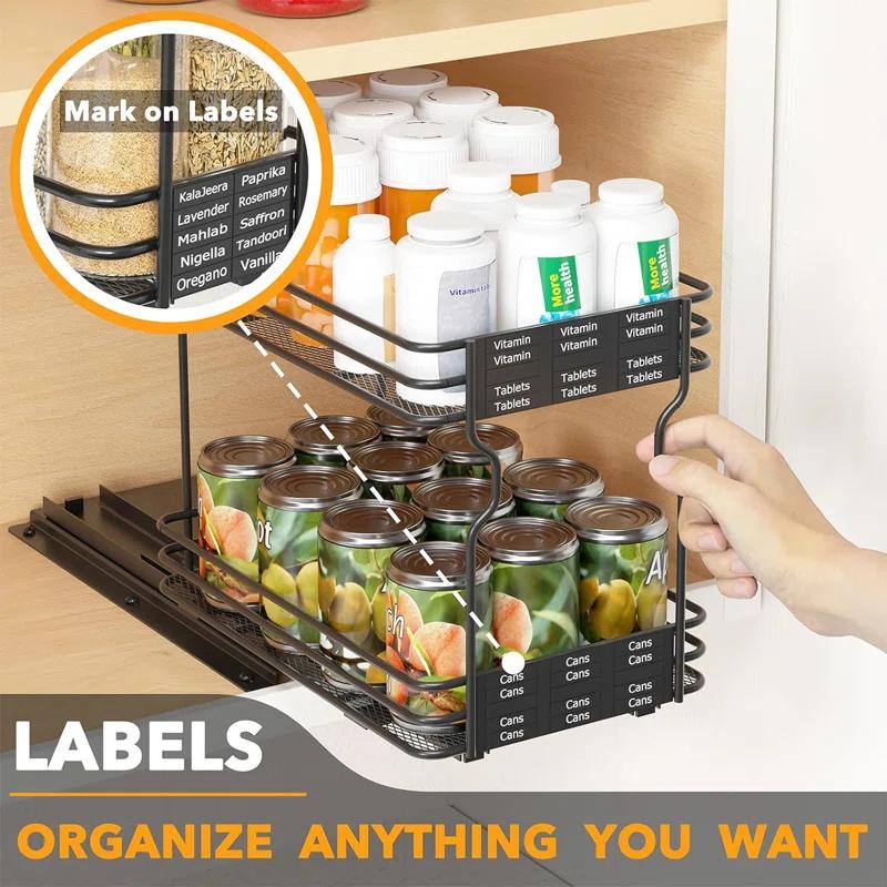 SpaceAid Heavy Duty Pull-Out Spice Rack Organizer for Cabinets – Slide-Out Seasoning Holder with Labels, 1 Drawer, 2-Tier