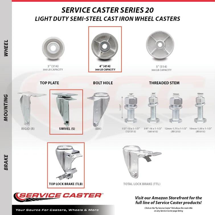 Service Caster Semi Steel Cast Iron Wheel Swivel Top Plate Caster with Brake