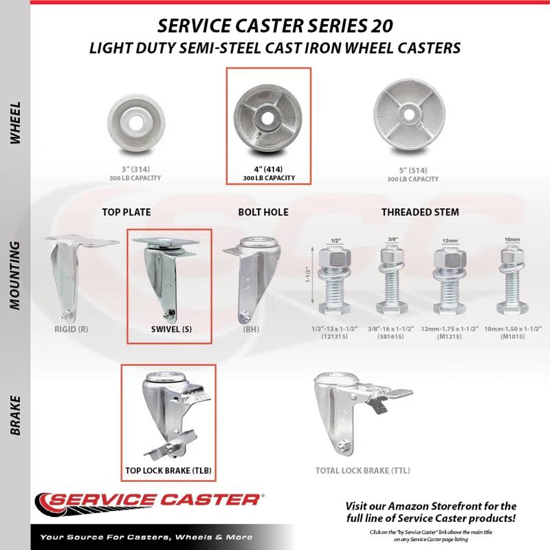 Service Caster Semi Steel Cast Iron Wheel Swivel Top Plate Caster with Brake