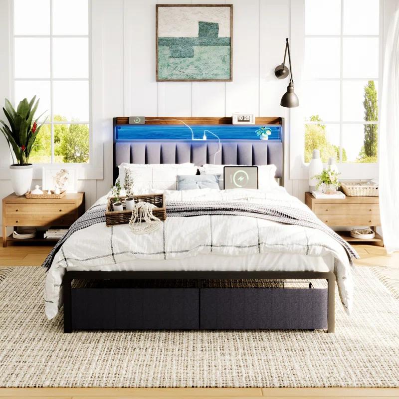 Orren Ellis Full Bed Frame With Storage Headboard And Drawers, Full Size Led Platform Bed Frame, Led Upholstered Bed Frame With Charging Station