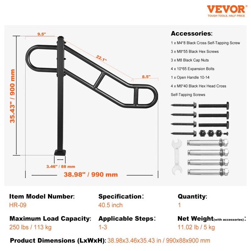 VEVOR VEVOR Single Post Handrail for Outdoor 1-3 Step 40.5" Stair Handrail Floor Mount