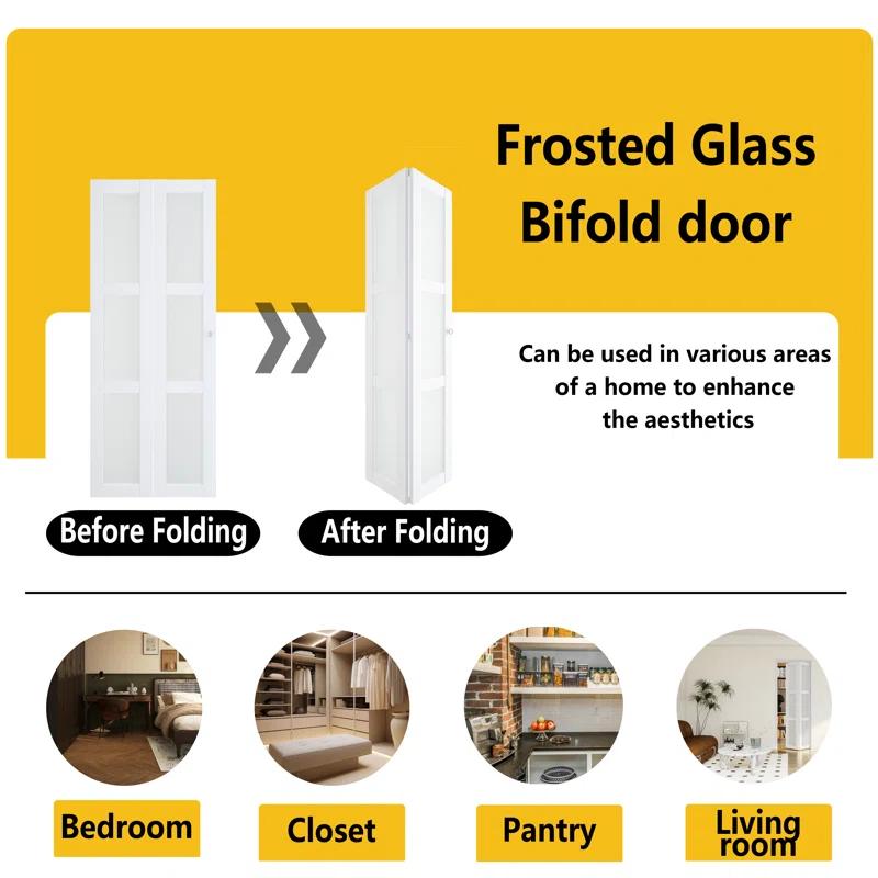 CHIC MODE 3-Lite Frosted Glass Solid Manufactured Wood Prefinished Bi-Fold Door