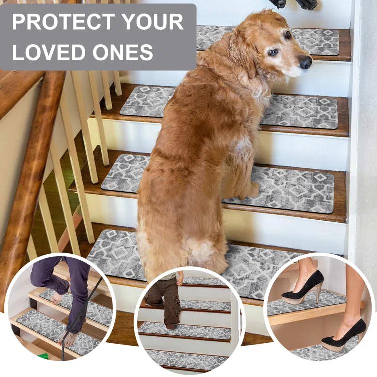 Bungalow Rose Stair Treads Non Slip For Wooden Steps, 15PCS 8"X30" Grey Rubber Backing Stair Runner Mats, Washable Reusable Carpet For Stairs Rugs Indoor Safety Staircase Step Treads For Kids Elders Dogs