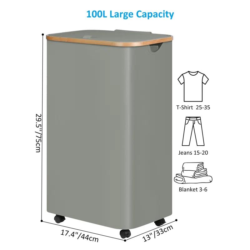 Hokku Designs Laundry Basket On Wheels With Lid And Removable Bag, Grey