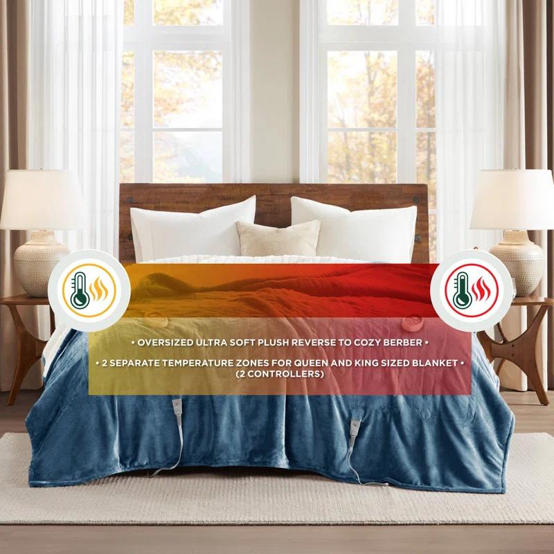 Woolrich Woolrich Heated Plush to Berber Blanket,Sapphire Blue,Twin