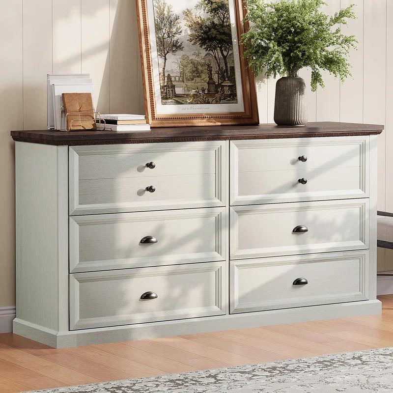 Winston Porter 58 inch Dresser for Bedroom, Farmhouse 6 Drawer Dresser, TV Stand for Bedroom, Dressers & Chests of Drawers, Living Room Organizer with Storage Drawers | Wayfair
