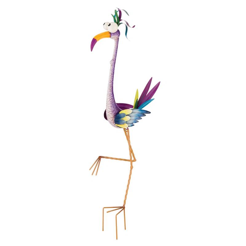 Colorful Painted Metal Crane Bird Outdoor Stake