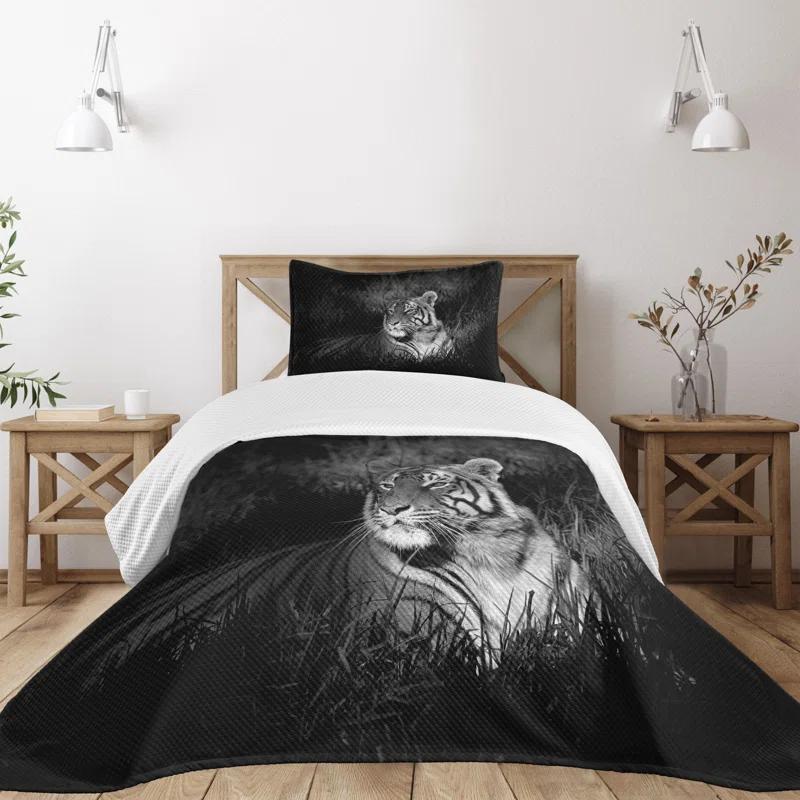 Ambesonne Ambesonne Black and White Bedspread Set Bengal Tiger Black White