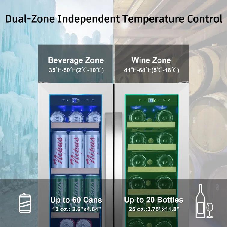 Nipus 24 in. Dual Zone 20-Bottle and 65-Can Beverage & Wine Cooler Four Door Handles Wine Fridge Removable Shelves Classic Series