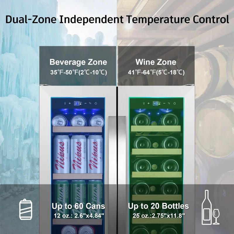 Nipus 24 in. Dual Zone 20-Bottle and 65-Can Beverage & Wine Cooler Four Door Handles Wine Fridge Removable Shelves Classic Series