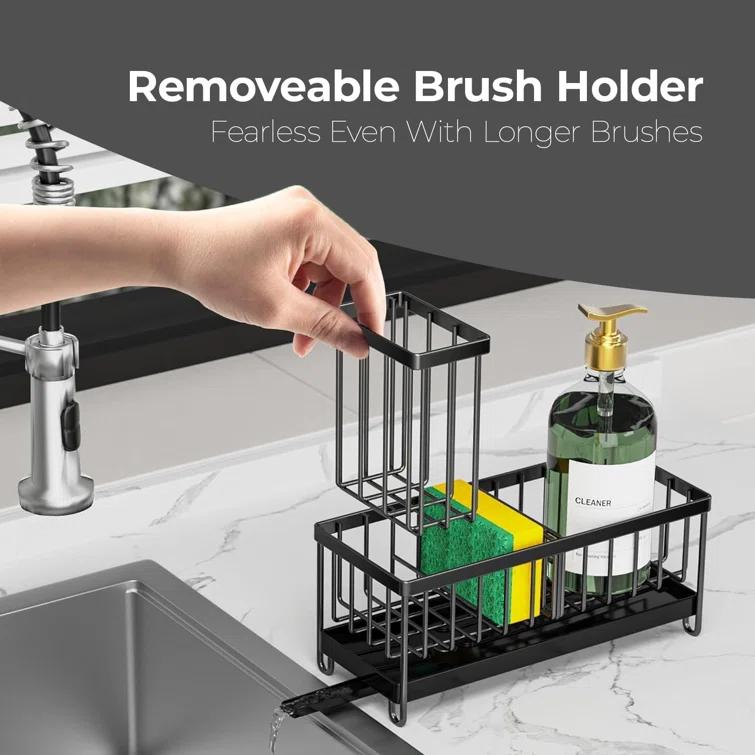 WKING Stainless Steel Kitchen Sink Caddy Organizer With Draining Tray, Rustproof Sponge Holder For Sink, Adjustable Compartments, Space-Saving Design