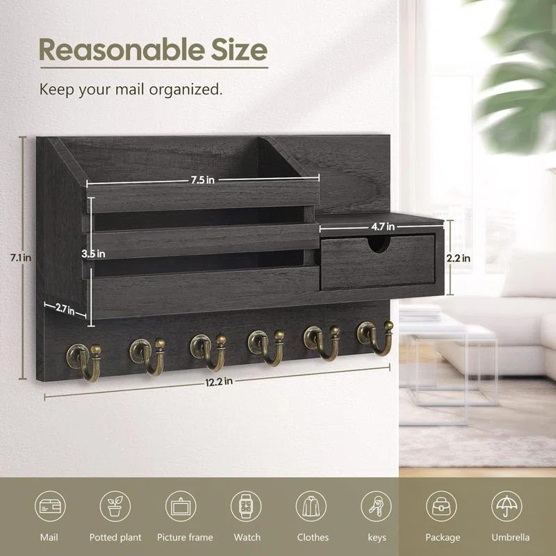 Winston Porter Wall Mount Key And Mail Organizer With 6 Hooks, Storage Drawer, Easy Installation For Entryway, Hallway, Home Decor