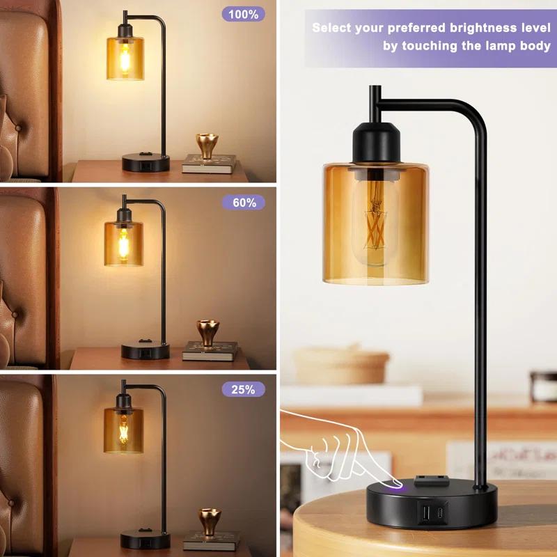 Latitude Run® Industrial Touch Table Lamps for Bedrooms Set of 2 - 3-Way Dimmable Nightstand Lamps with USB C+A Ports and Outlet, Bedside Lamps with Glass Shade for Living Room, Desk Lamps for Home Office