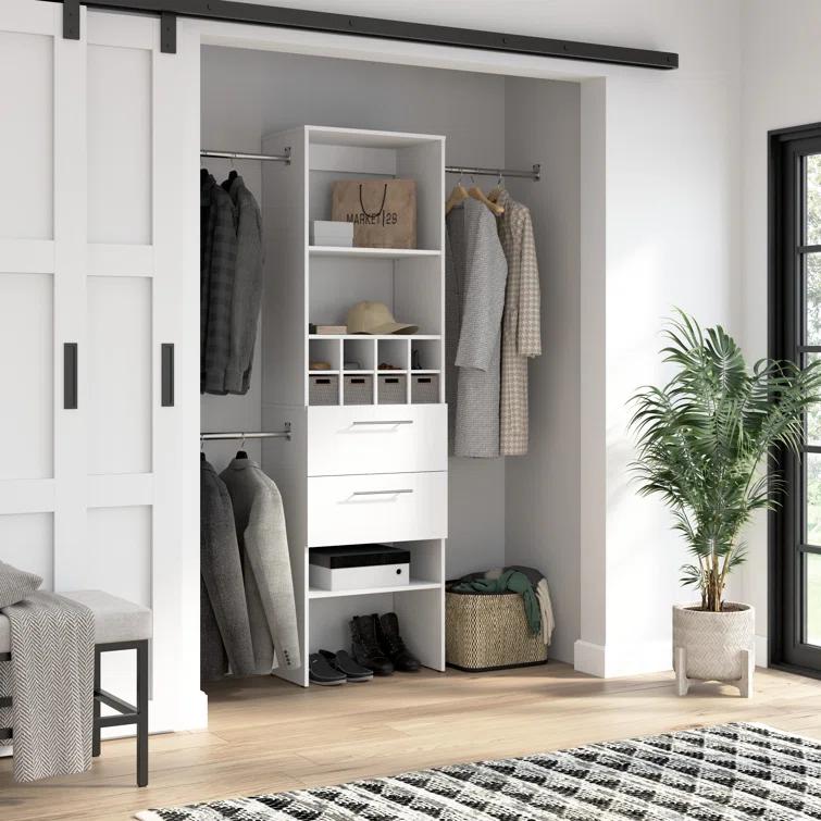 Bestar Carina 24W Closet Organizer With Clothing Rods, Drawers, And Cubbies