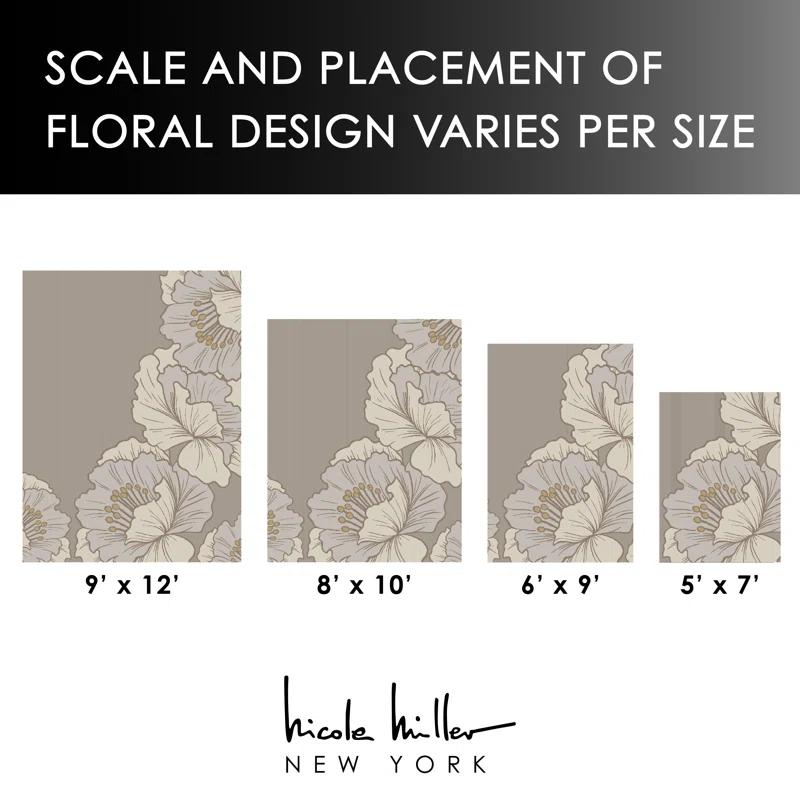 NICOLE MILLER NEW YORK Flora Grandeur Bloom Handcrafted Wool Area Rug Taupe