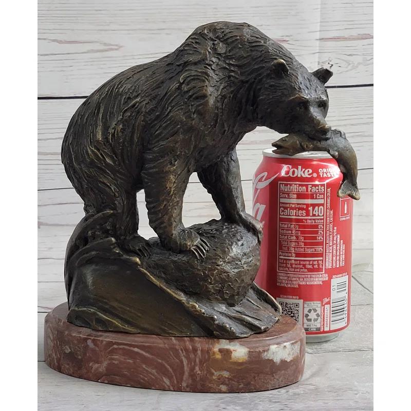 Loon Peak® Bear With Fish In Mouth Bronze Metal Sculpture Statue Wildlife Decor Art Marble Base