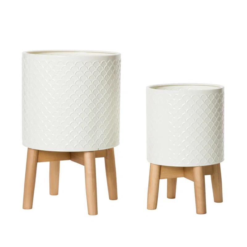 Aspire Asbella Mid Century Modern Indoor Metal Pot Planter 4-Leg Wood Base - Set