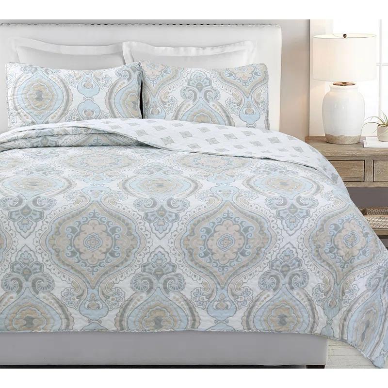 Cozy Line Home Fashion Modern Medallion Sky Blue Tan Gray Brocade Geometric Shapes Quilt Set