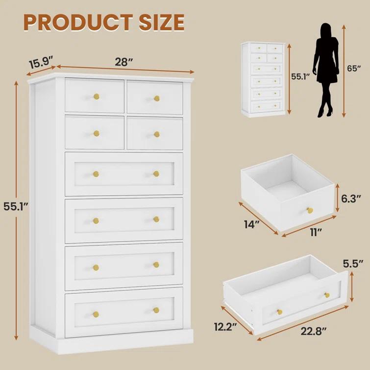 Winston Porter 8 Drawers Tall Dresser For Bedroom, Tall Dressers And Chest Of Drawers, Vertical Chest Of Drawers Dresser For Bedroom