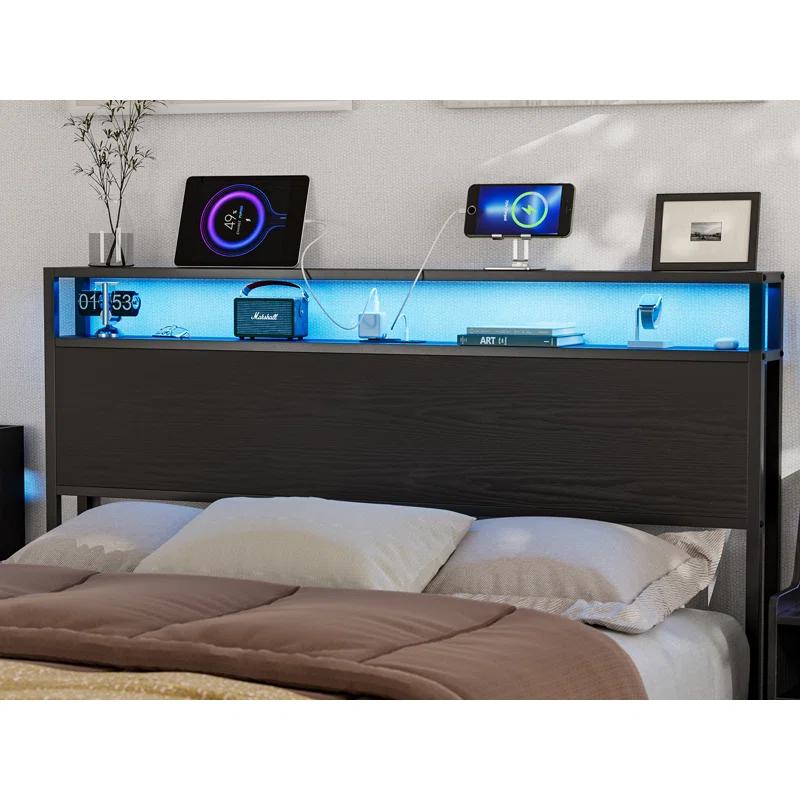 Ivy Bronx Kaiwei Storage Headboard With Led Lights & Charging Station - Industrial Metal And Wood