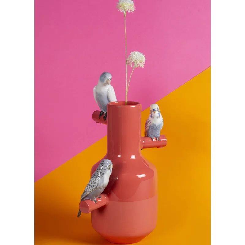 Lladro The Parrot Party 16.14" Coral/Blue Porcelain Table Vase
