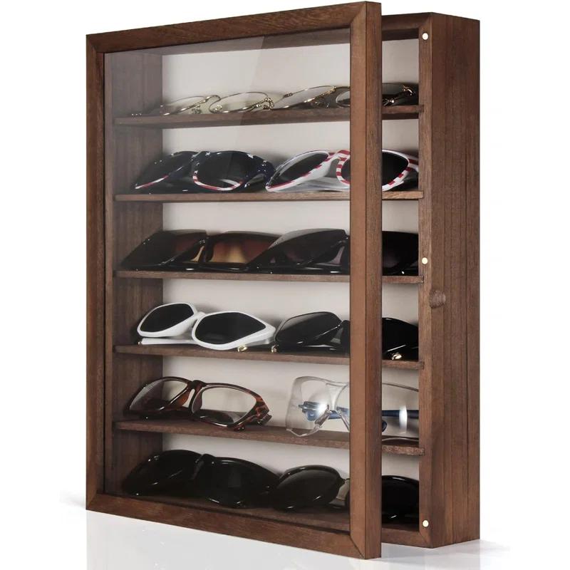 Latitude Run® Sunglasses Organizer Storage Wall Mounted, Eyewear Display Case Rustic Wood Eyeglasses Holder Large Glasses Storage Box