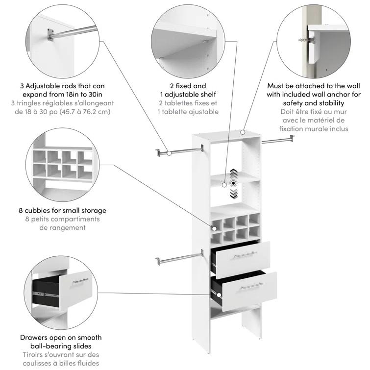 Bestar Carina 24W Closet Organizer With Clothing Rods, Drawers, And Cubbies