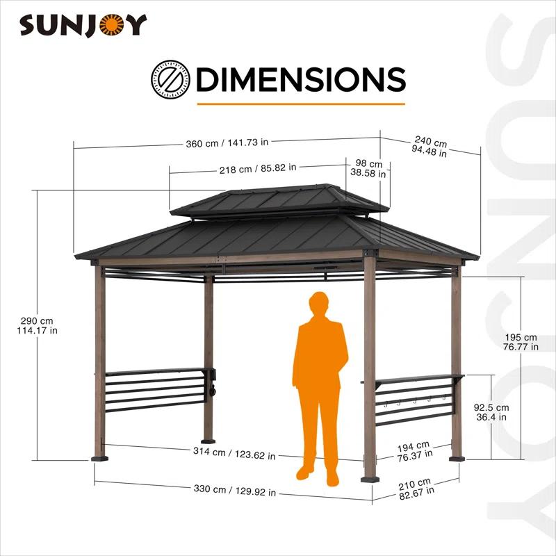 Sunjoy Sunjoy Wooden Grill Gazebo with AC Power Port, 8 x 12 ft. Steel Hardtop Outdoor Gazebo for Year-Round Grilling, Cedar Framed Gazebo with Built-in Electrical Outlets and Decorative Fence