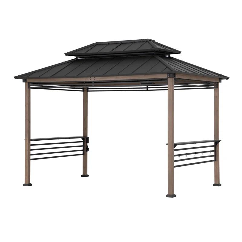 Sunjoy Sunjoy Wooden Grill Gazebo with AC Power Port, 8 x 12 ft. Steel Hardtop Outdoor Gazebo for Year-Round Grilling, Cedar Framed Gazebo with Built-in Electrical Outlets and Decorative Fence
