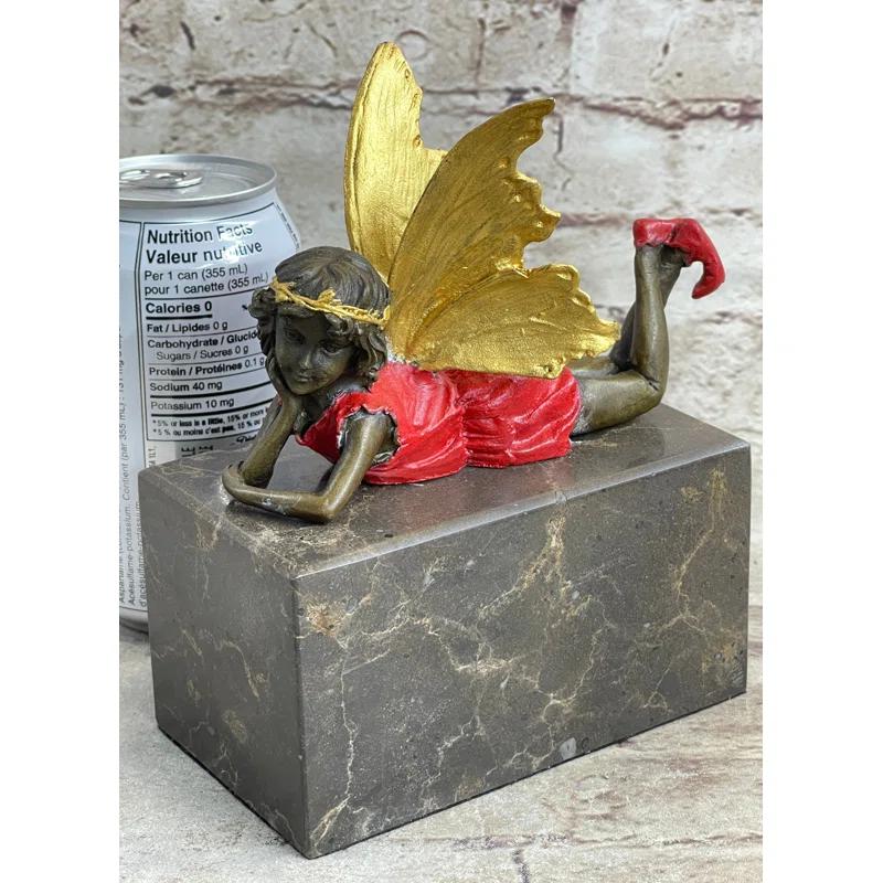 Trinx Kachri Colorful Resting Fairy Girl Child Bronze Metal Figurine Sculpture On Marble Base