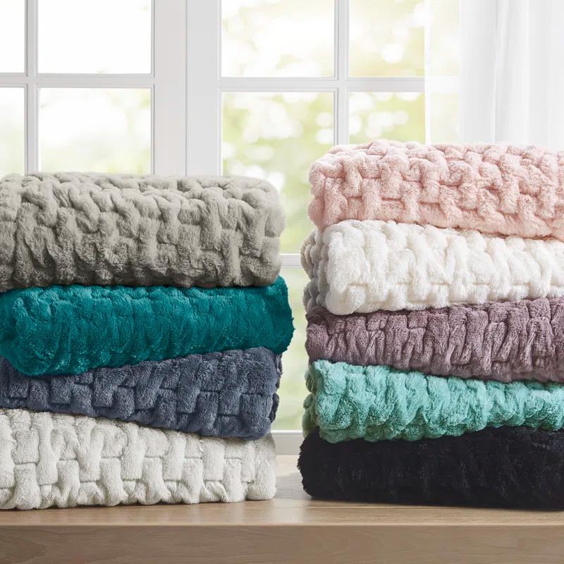 Madison Park Aqua Ruched Fur Throw 50x60"