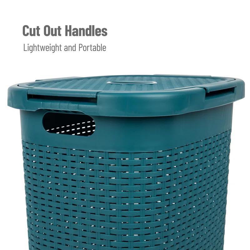 The Twillery Co.® 60L Slim Laundry Hamper, Clothes Basket, Lid, Wicker Style, Plastic