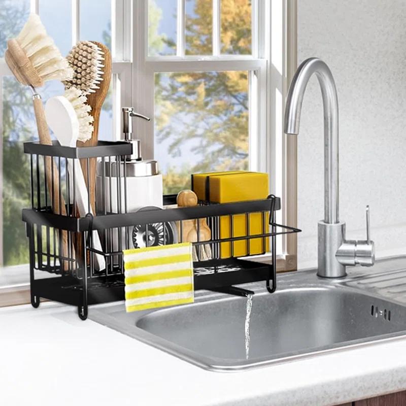 WKING Stainless Steel Kitchen Sink Caddy Organizer With Draining Tray, Rustproof Sponge Holder For Sink, Adjustable Compartments, Space-Saving Design