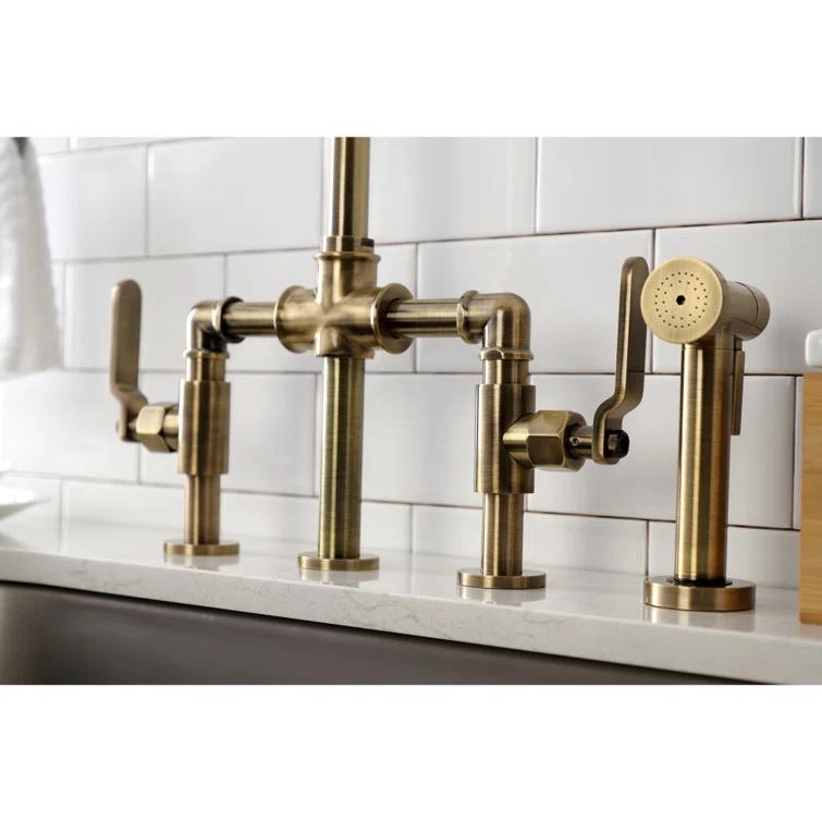 Kingston Brass Kingston Brass Two-Handle 4-Hole Deck Mount Industrial Style Bridge Kitchen Faucet with Brass Side Sprayer KS2333RX