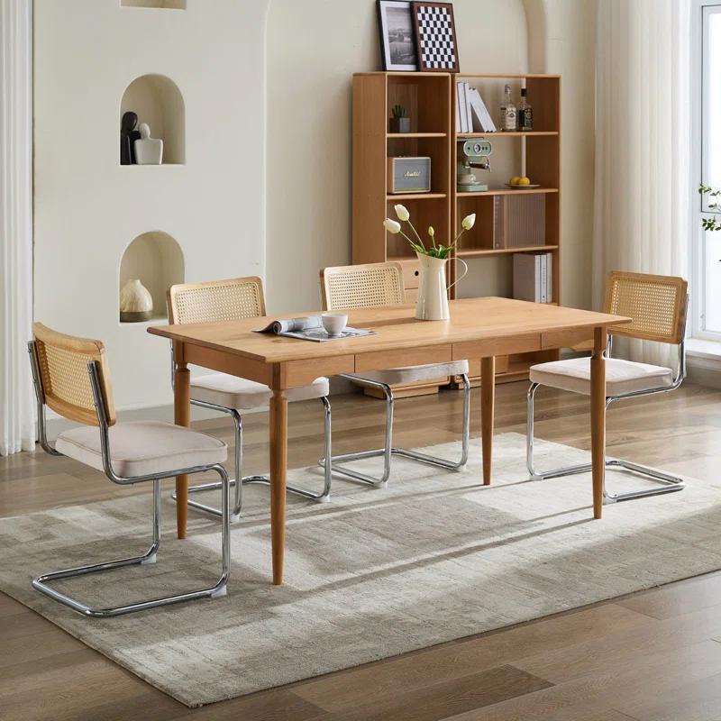 Orren Ellis Modern Dining Chairs Set Of 2, Velvet Accent Chairs With Natural Cane Back & Stainless Chrome Base, Famous Breuer Designed Chairs, Upholstered Rattan Kitchen Chairs