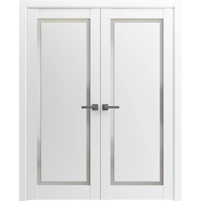 SARTODOORS Solid French Double Doors | Planum 0888 Painted White With Frosted Glass | Wood Solid Panel Frame Trims | Closet Bedroom Sturdy Doors