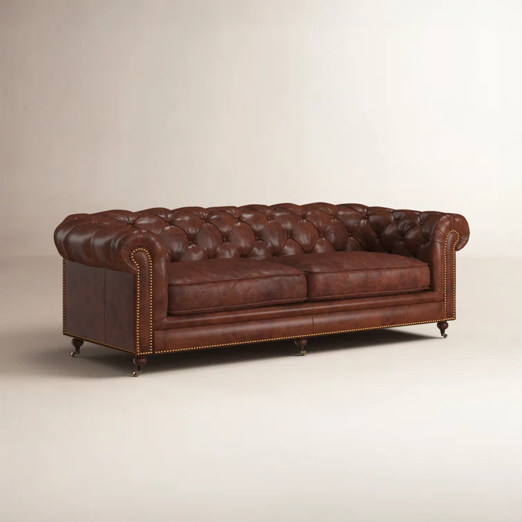 Idalia 87" Genuine Leather Rolled Arm Chesterfield Sofa with Reversible Cushions